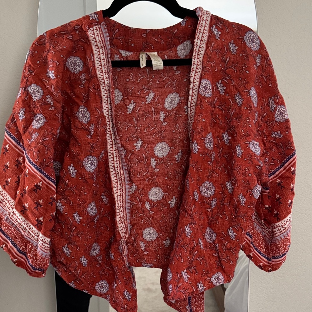 Red Floral Open-Front Kimono
